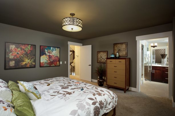 beige carpet color goes with dark gray walls for traditional bedroom