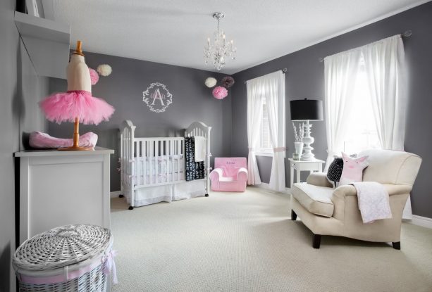 beige carpet color goes with dark grey walls for nursery room