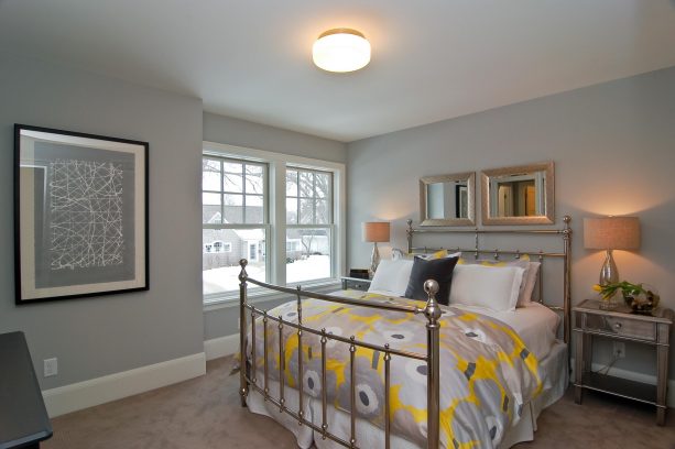 beige carpet color goes with light gray walls for small transitional bedroom