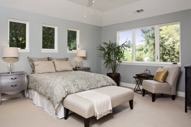 contemporary bedroom with Benjamin Moore Tranquility AF-490 grayish blue wall paint color