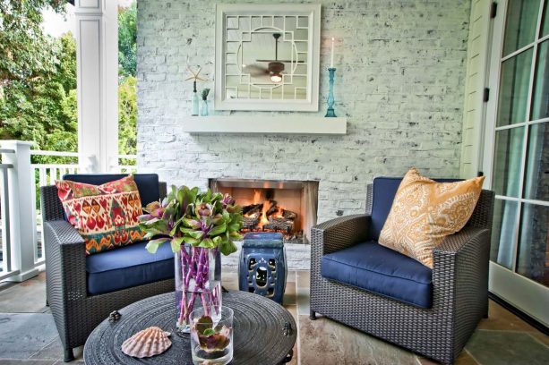 contemporary patio with grayish color-washed accent brick wall