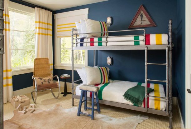 rustic kids’ bedroom with Farrow & Ball Hague Blue No. 30 blue wall paint color