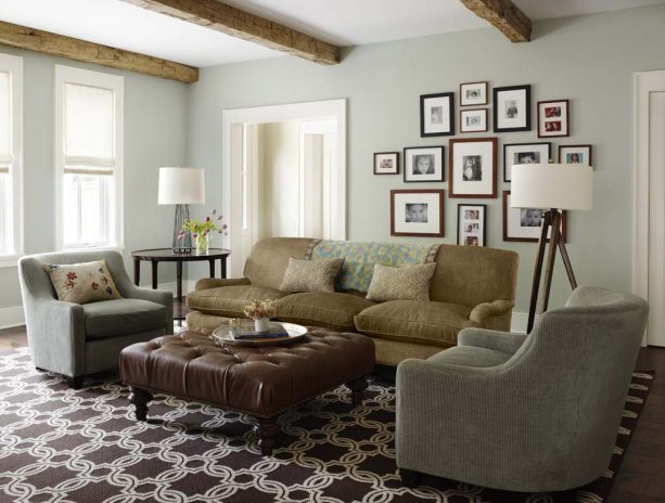 traditional living room with Benjamin Moore gray wisp 1570 wall paint color