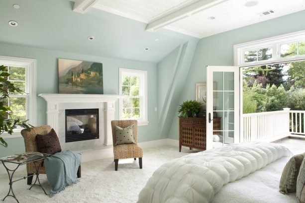 traditional master bedroom with Benjamin Moore Woodlawn Blue HC-147 light and soft blue wall paint color