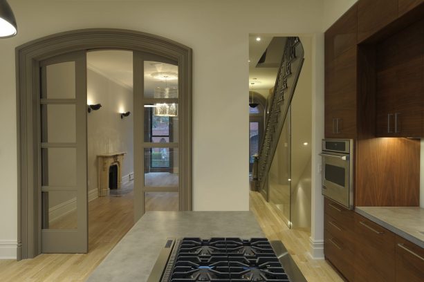 contemporary kitchen with beige wall and gray trim color combinations