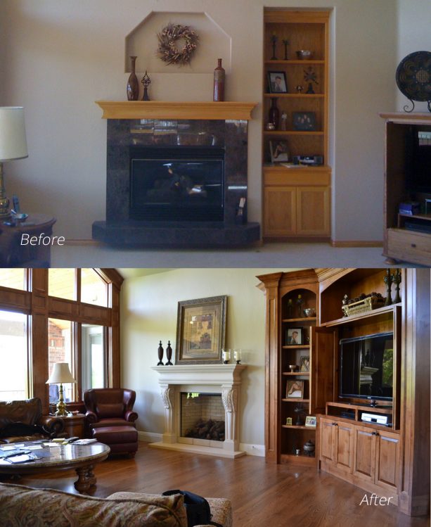 floor to ceiling brick fireplace makeover [before and after]