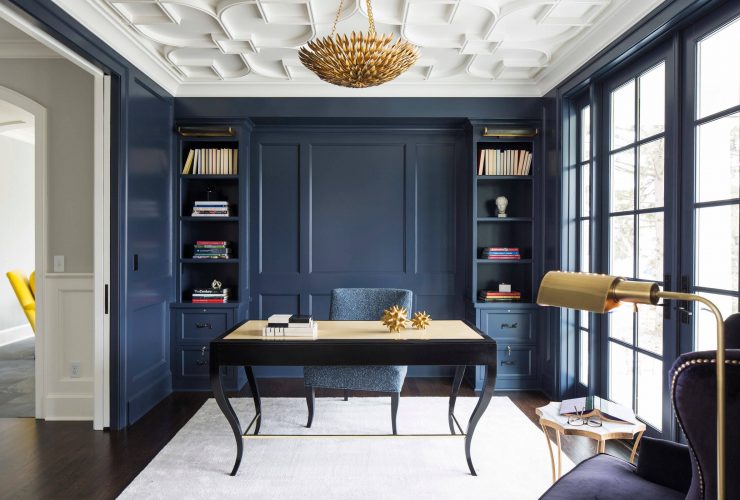 transitional home office with Benjamin Moore Hale Navy HC-154 wall and trim paint color