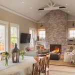 farmhouse living room with limewash brick fireplace