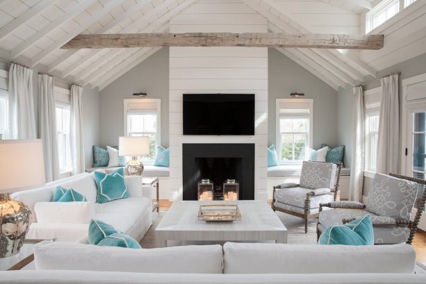 beach-style grey and blue living room with soft tones