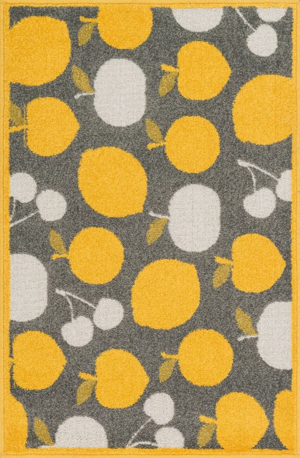 contemporary grey and yellow area rug with fruits pattern