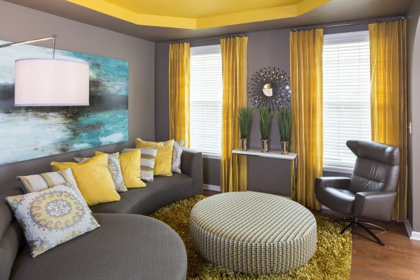 contemporary grey and yellow living room with butter yellow ceiling