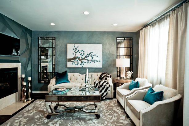 teal and beige room