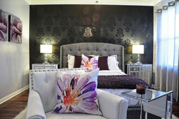 glamor and feminine purple and grey bedroom