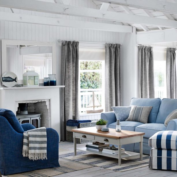 grey and blue living room with wooden features
