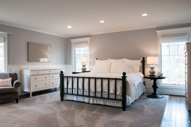 grey and white bedroom with black accents