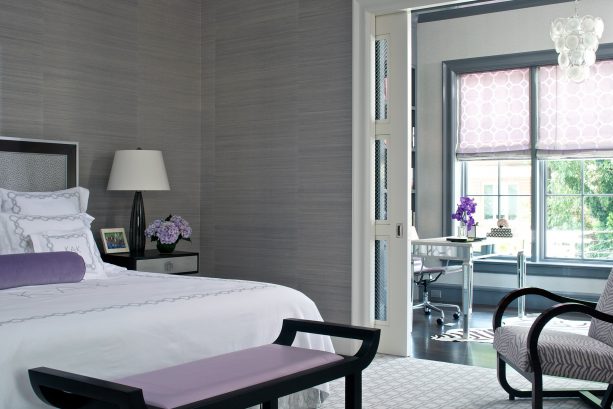 grey and white bedroom with purple and black accents
