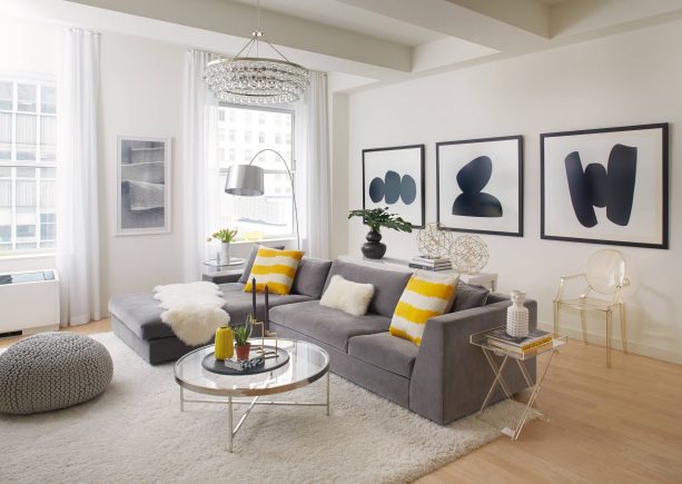 grey and yellow living room with soft cloud grey fluffy rug