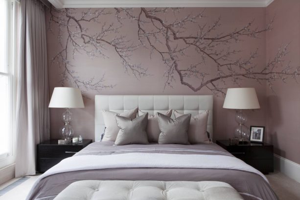 purple and grey bedroom with a custom mural