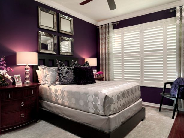 purple and grey bedroom with a mulberry wall