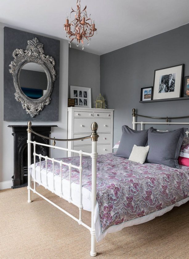 purple and grey bedroom with traditional style