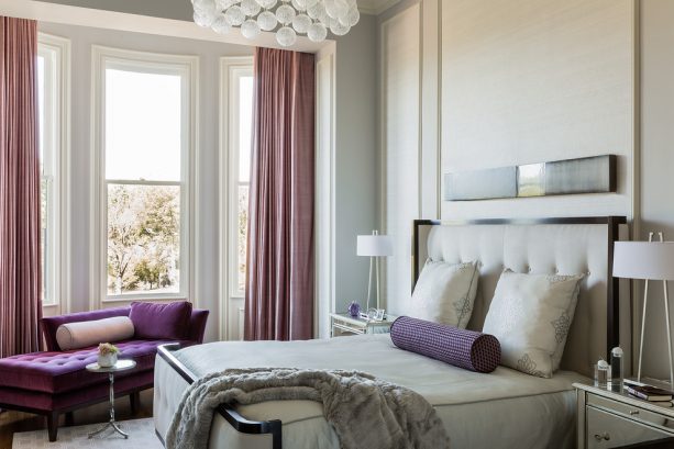 purple and grey bedroom with violet chaise longue