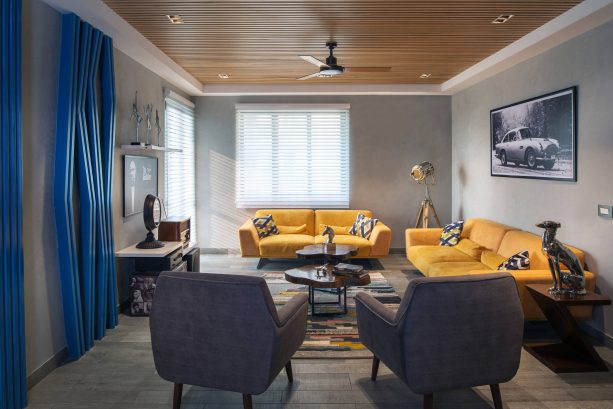 retro grey and yellow living room