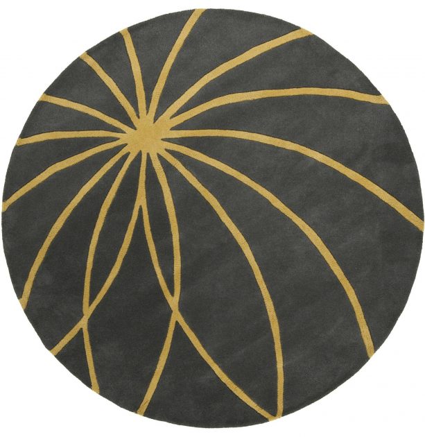 round grey and yellow area rug with contemporary pattern