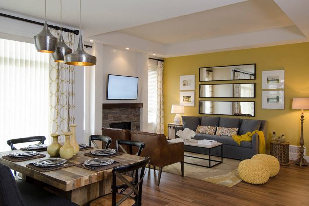 transitional living room with Tuscan sun yellow accent wall