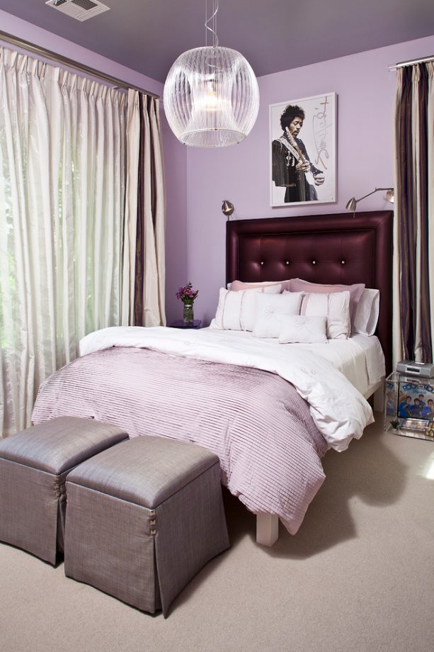 tufted upholstered headboard in a purple and grey bedroom