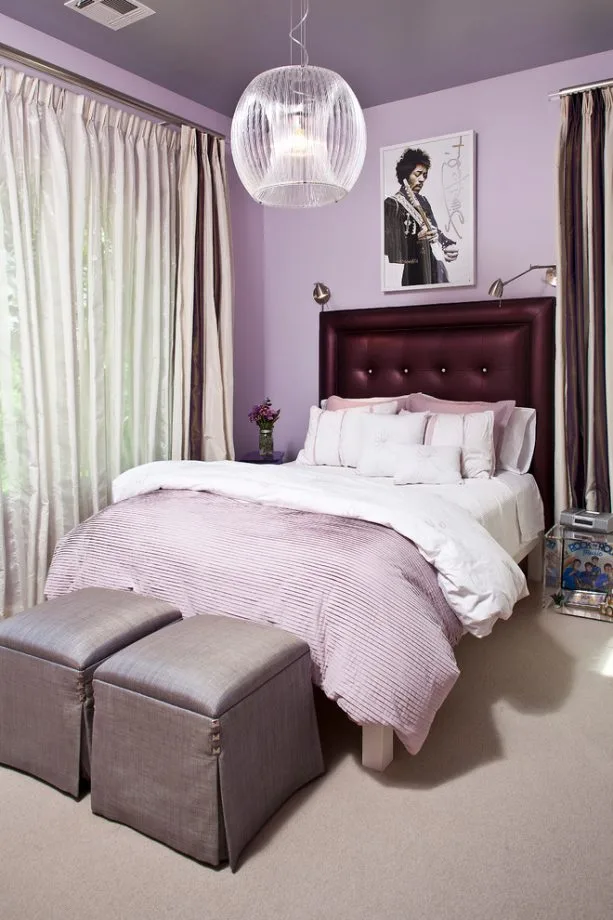 tufted upholstered headboard in a purple and grey bedroom