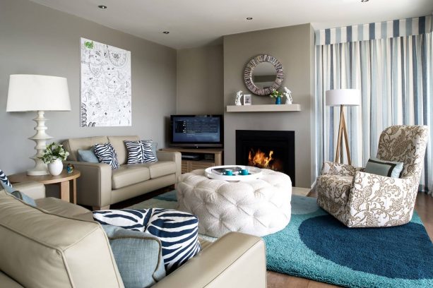 greige and teal living room