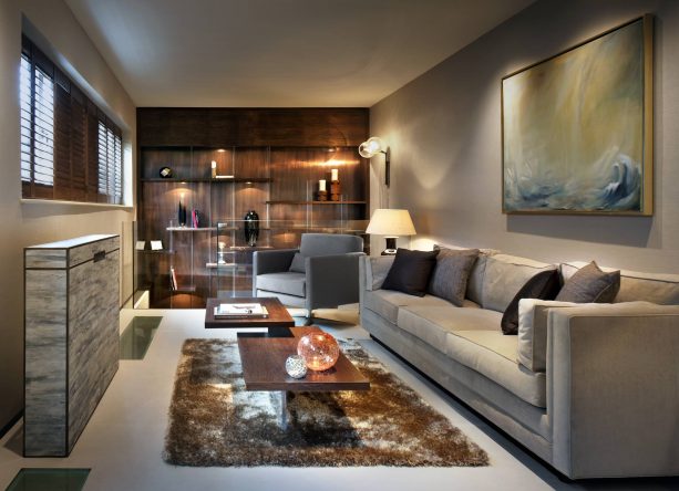 grey and brown living room with black decorative accents