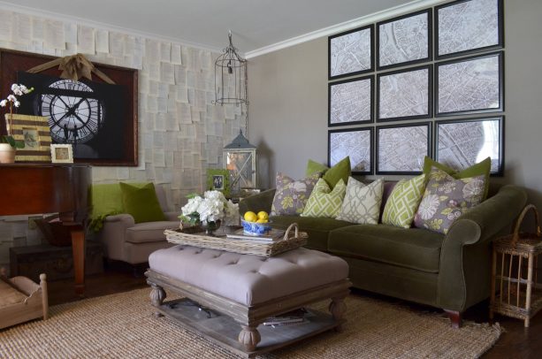 grey and brown living room with green patterned pillows