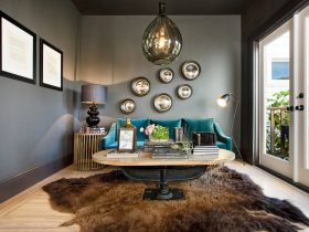 grey and teal living room with brown bear skin rug