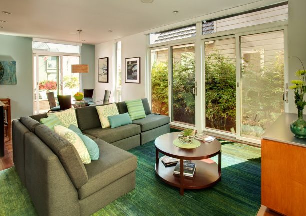 grey and teal living room with green accents and green view