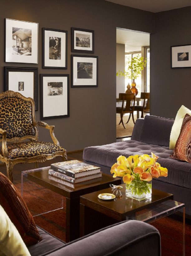 grey living room with a brown wall