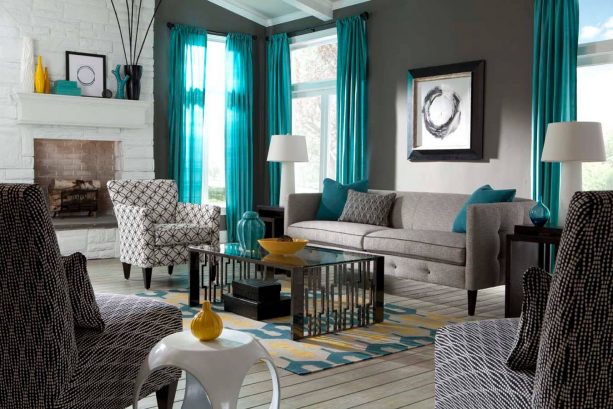 grey living room with teal drapes