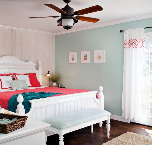 blue, grey, and coral bedroom scheme