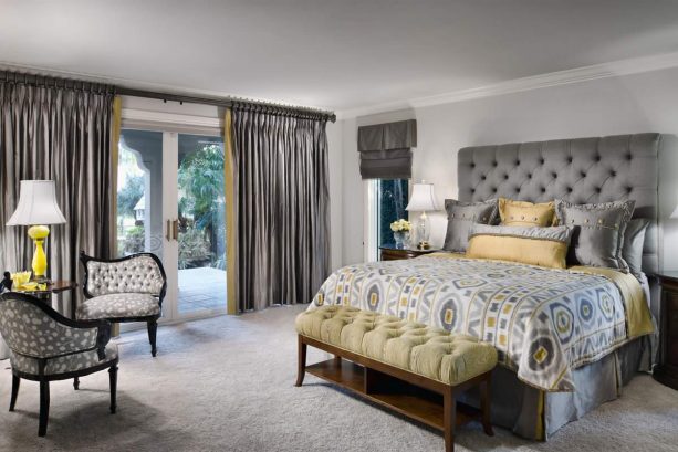 contemporary bedroom with grey and yellow theme