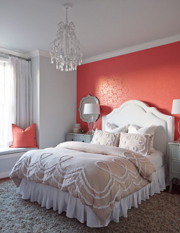 pink and grey bedroom with strawberry pink patterned accent wall