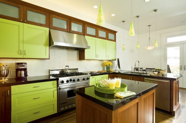 bright lime and wood cabinets