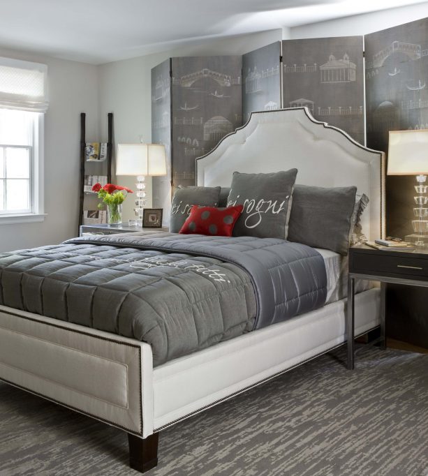 dark grey, red, and white bedroom design in contemporary style