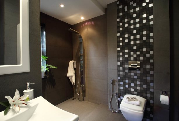 grey and white bathroom in dark theme