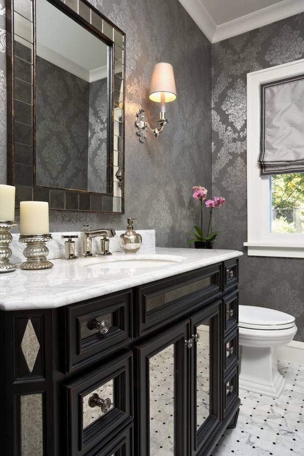 grey and white bathroom with glamor wallpaper