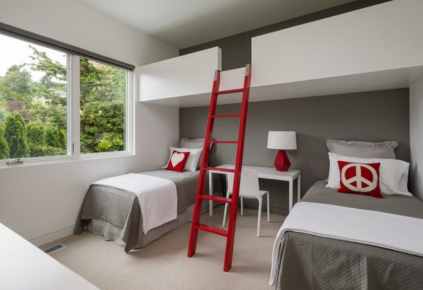 grey girl bedroom with brave red accents
