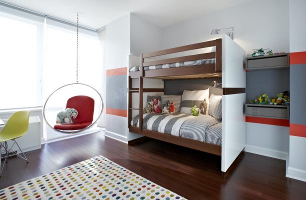 kids' bedroom with red and gray stripes wall design