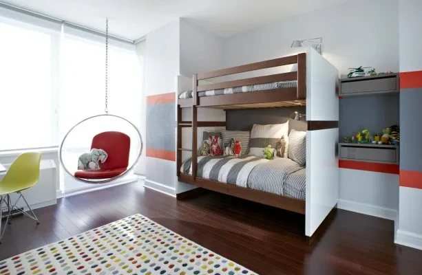 kids' bedroom with red and gray stripes wall design