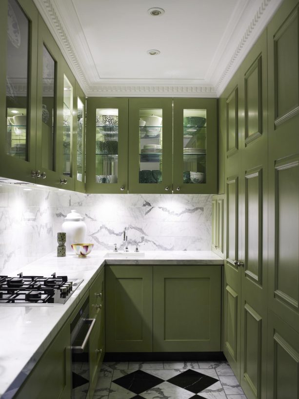 olive green cabinets in a narrow kitchen