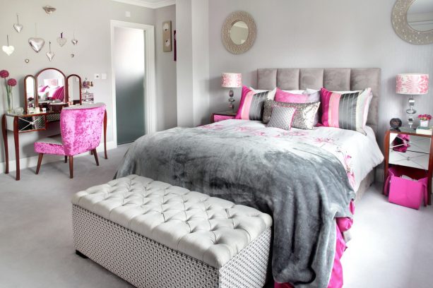 pink and grey bedroom in luxurious style
