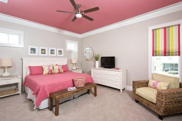 pink and grey bedroom with rogue ceiling